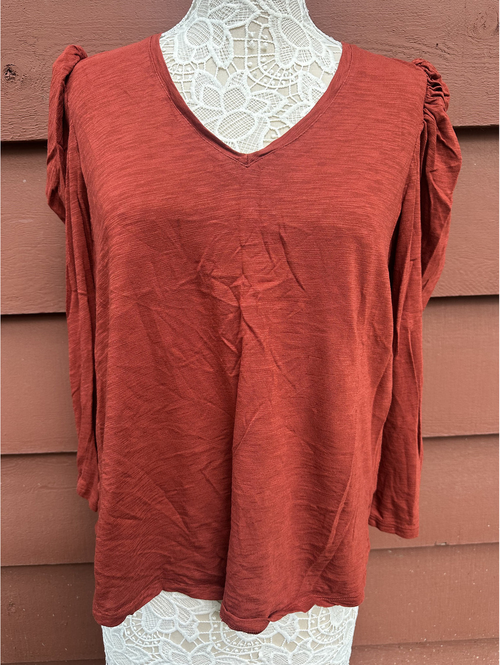 Chico's Red V Neck Top with Ruched Sleeves Bohemian Coquette